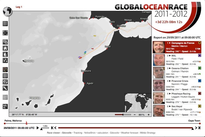 The leaders are about halfway from Gibraltar to the Canary Islands - Day 4, Leg 1, Global Ocean Race - 2011 © Global Ocean Race http://globaloceanrace.com